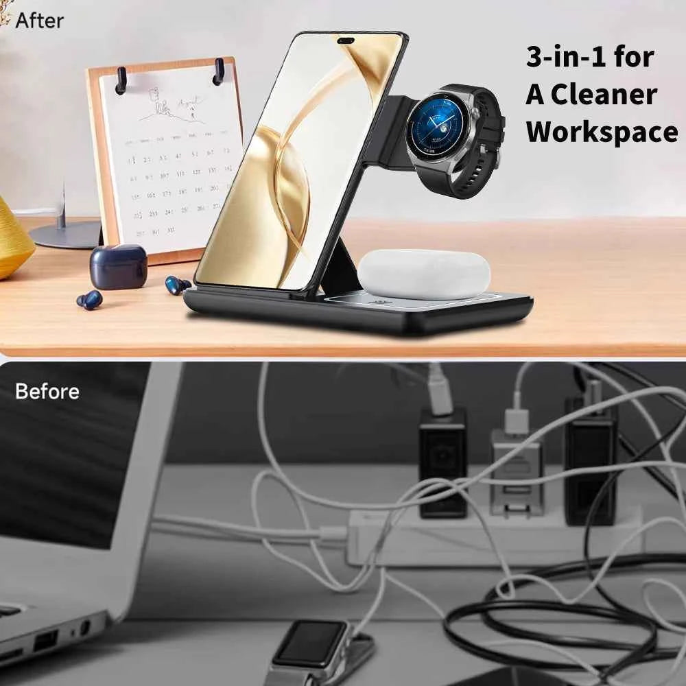 3 In 1 Foldable Wireless Charger Stand LED Fast Charging Station for Samsung S25 S24 S23 Galaxy Watch 2-8 Active Buds Pro