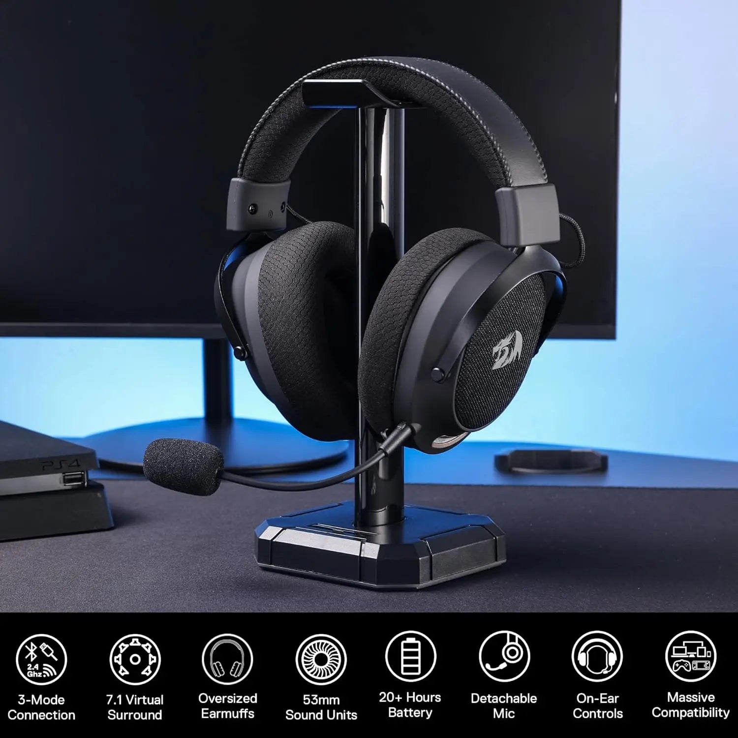 Redragon H858 Gaming Headset, 2.4GHz/BT/Wired, Gray