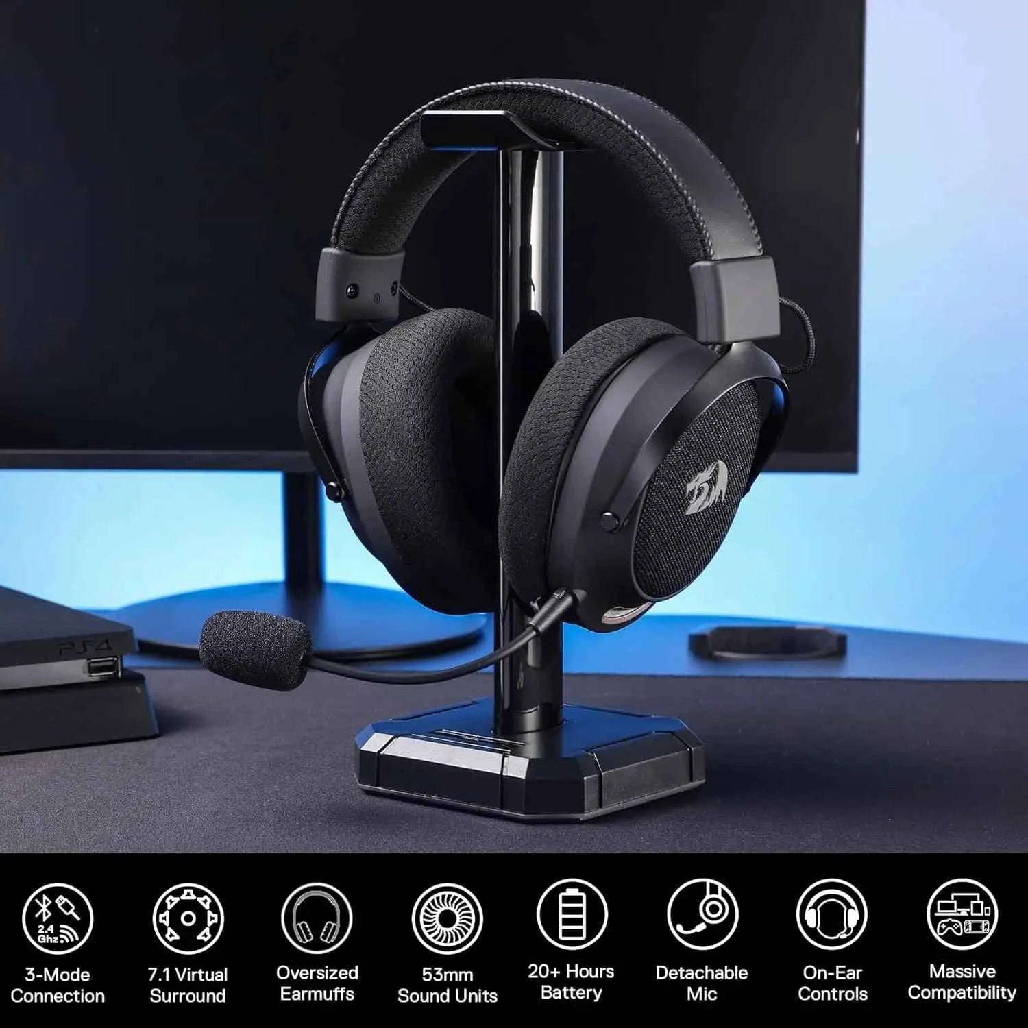 Redragon H858 Gaming Headset, 2.4GHz/BT/Wired, Gray