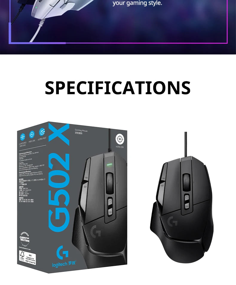 Logitech G502 X Wired  Lightspeed Sensor Gamer RGb Gaming Mouse Hybrid Mice Game Long Battery Life 25600 Dpi Original