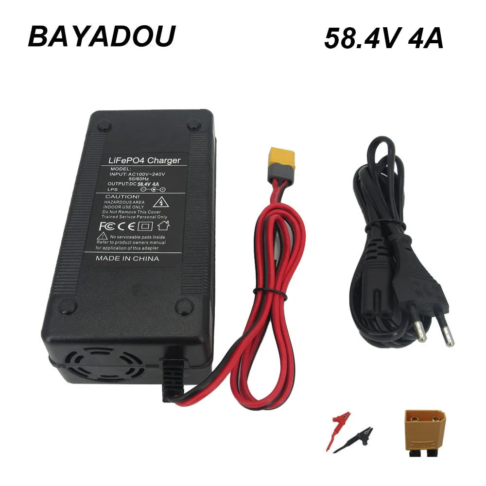 58.4V 4A Lifepo4 Charger 51.2V 48V 16S Iron Phosphate LFP RV Energy Storage Battery Chargers with fan XT60 alligator clip port