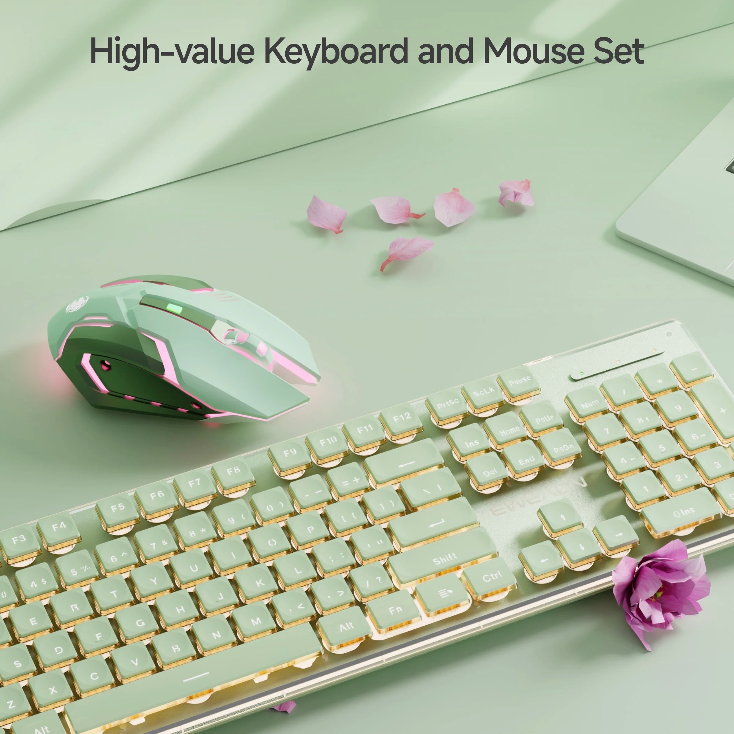 EWEADN Bluetooth Dual-Mode 2.4GHz Wireless Keyboard and Mouse Set, Ergonomic, Silent, Backlit, Gaming & Office, Green/Pink/White
