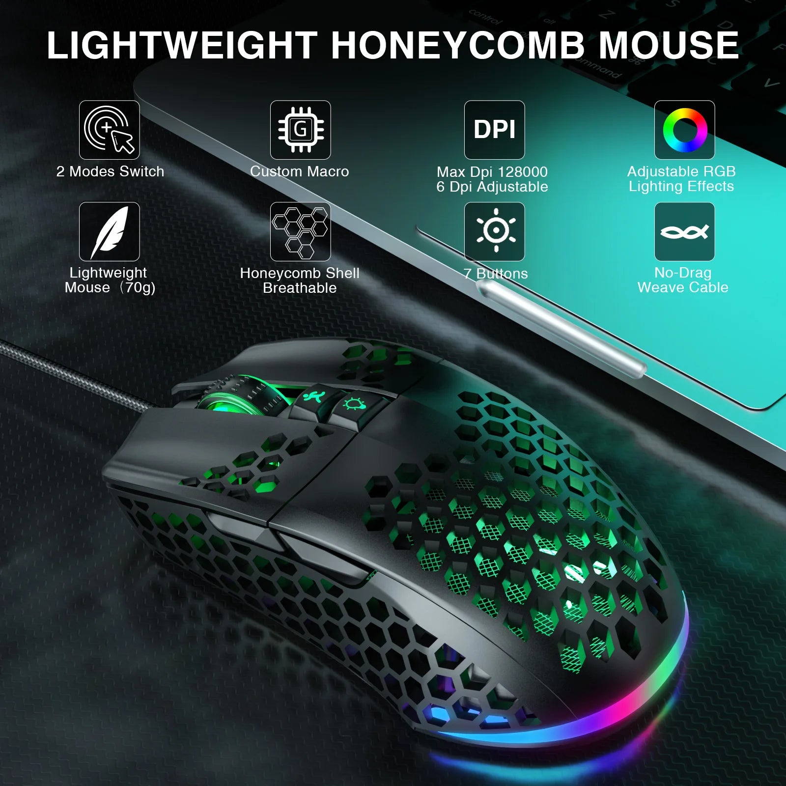 SM900 Wired Gaming Mouse Low Latency 12800 DPI 7 Buttons Macro Software Honeycomb Mice for PC Laptop