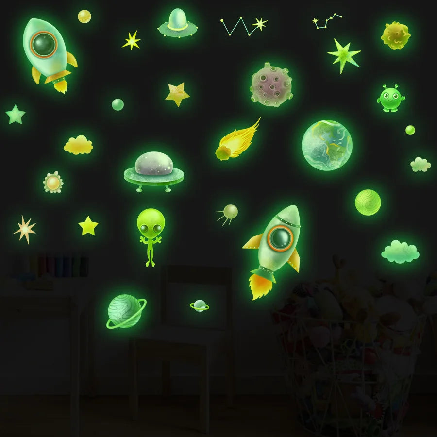 Cartoon Spaceship Planet Alien Space Star Luminous Sticker Glow In The Dark For Children's Room Fluorescent Decals Room Decor