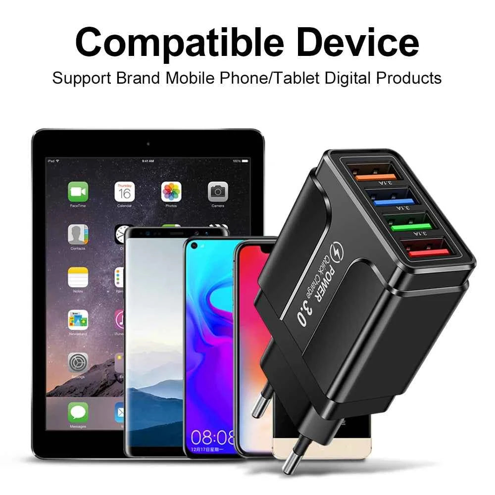 4 Ports Quick Charge 3.0 Wall Fast Charger Adapter Micro USB Fast Data Sync Charger Cable for Samsung Xiaomi Huawei Mobile Phone