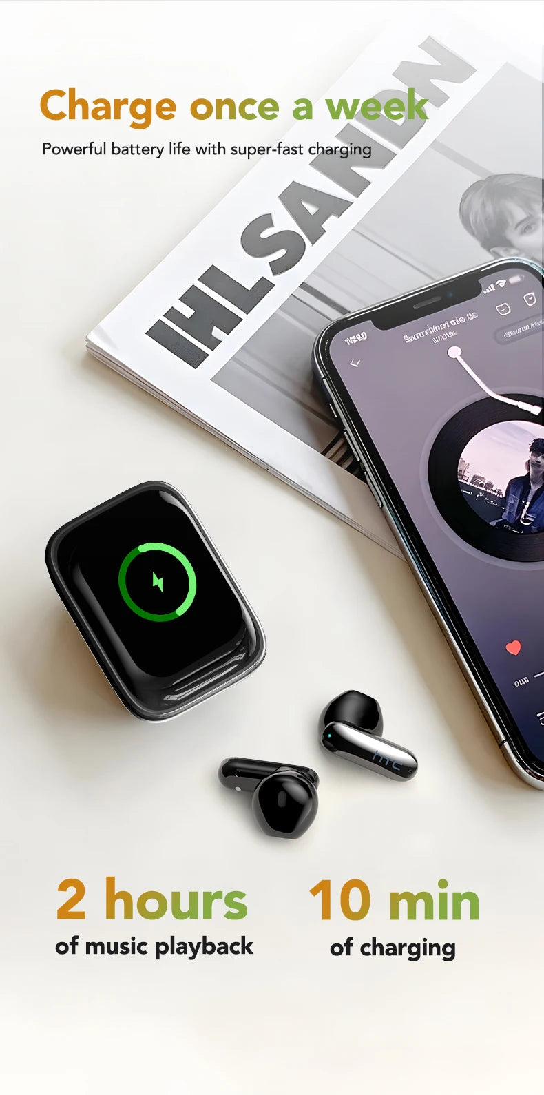 HTC NE48 Slider Headphones Wireless with a Colorful HD Display Touch Control In-Ear Bluetooth Earphones AI Translation Earbuds
