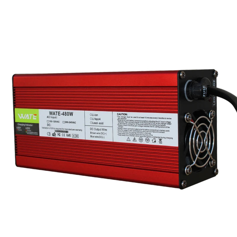 54.6V 8A Charger 13s 48V Lithium ion Battery Charger Output With Cooling Fan Red Aluminum Shell