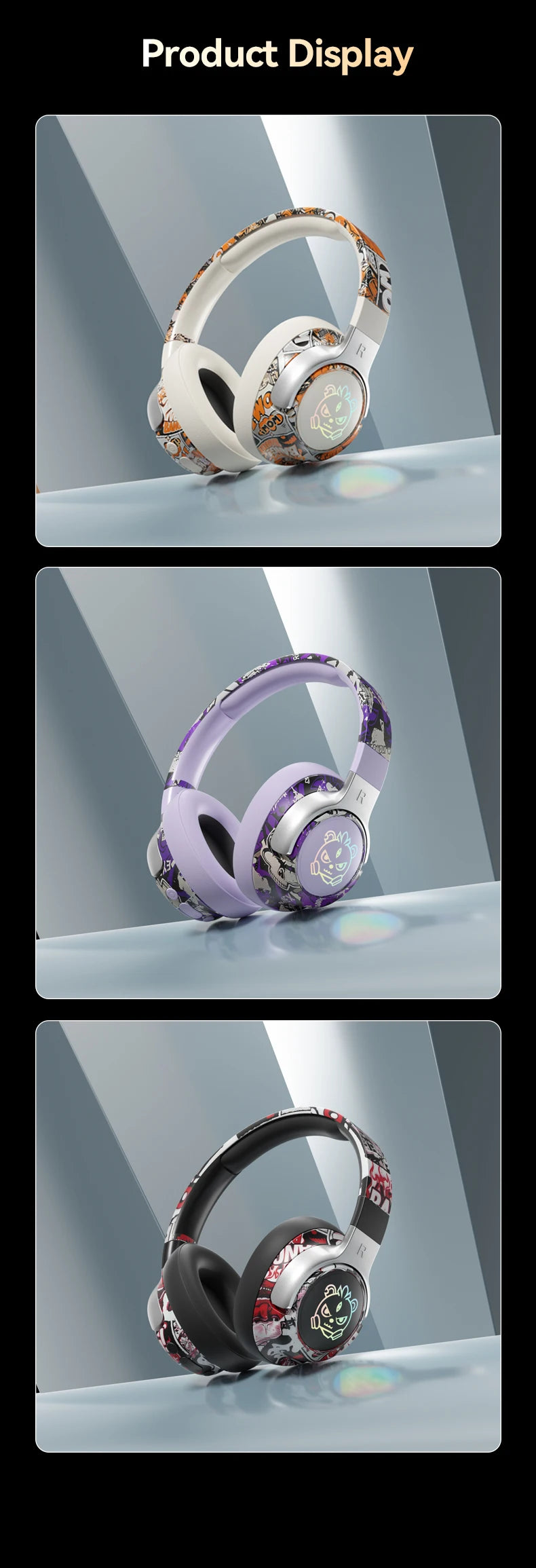 SY-T12 Graffiti LED Light Up Wireless Headphones Over Ear Foldable 3D Earpads Bluetooth 5.4 Headset For Gaming Sports