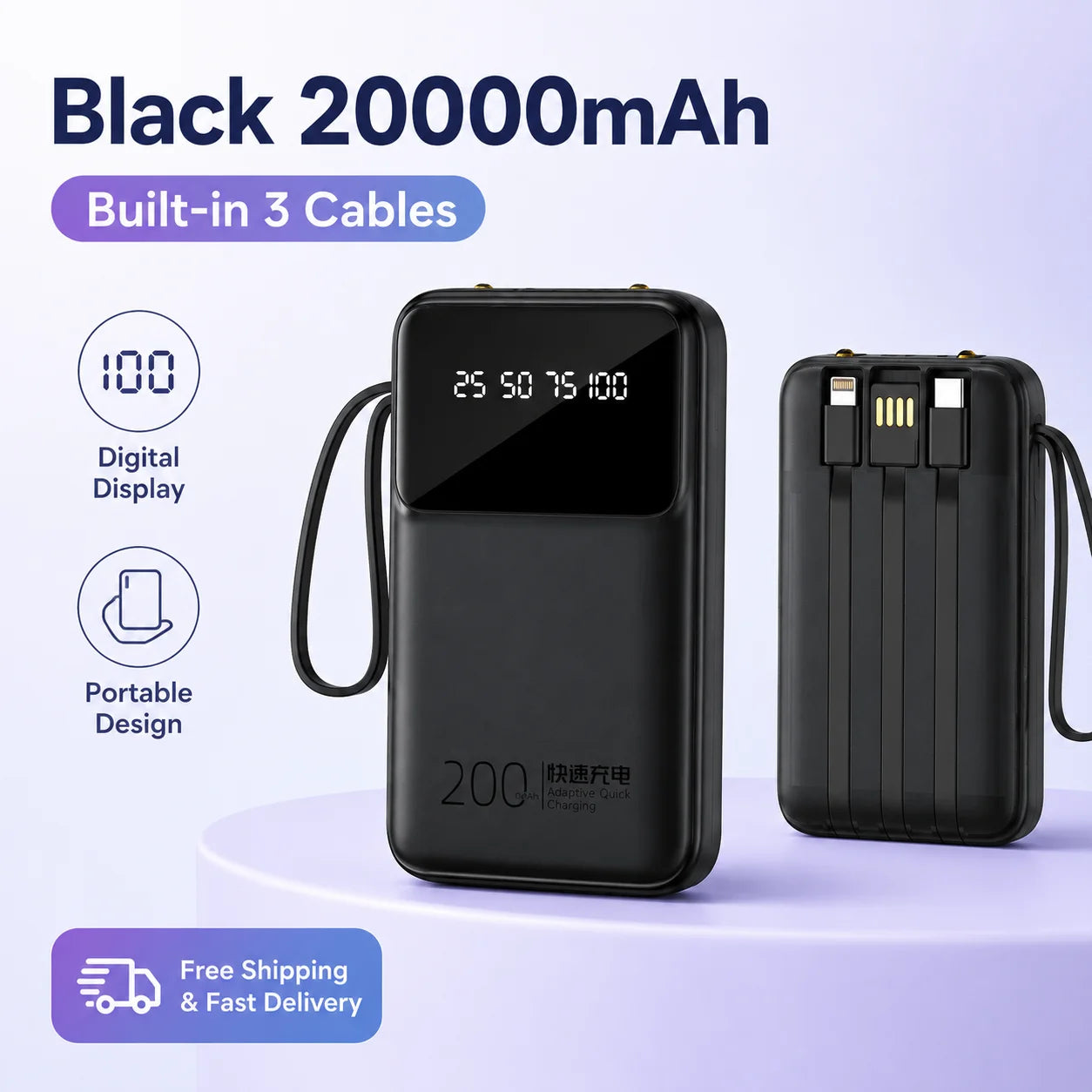20000mAh Portable Power Bank Built-in 3 Cables Rechargeable External Battery Pack with Digital Display for iPhone Android