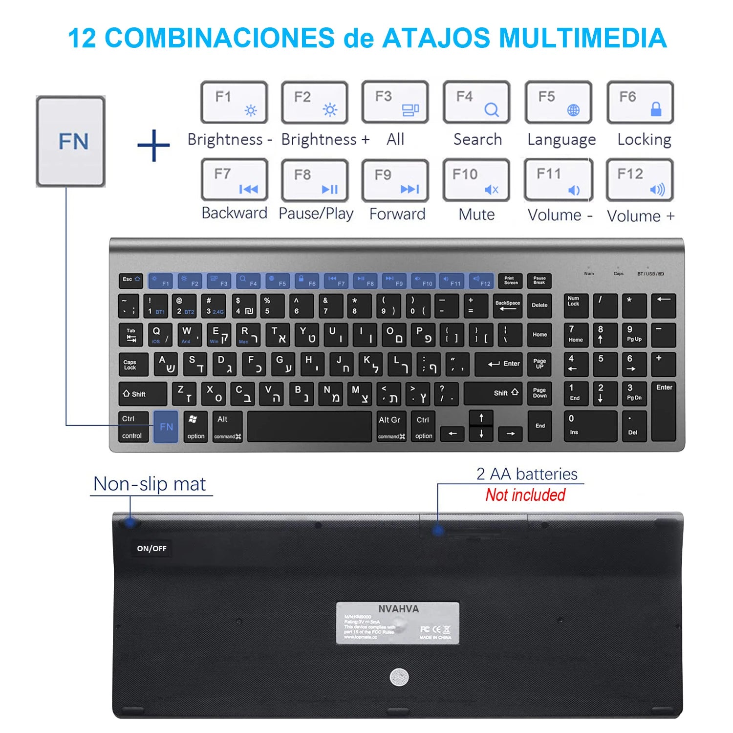 Hebrew English Ultra thin Israel Dual Mode Three Channel Bluetooth Wireless Keyboard and Mouse for Windows IOS Mac Android