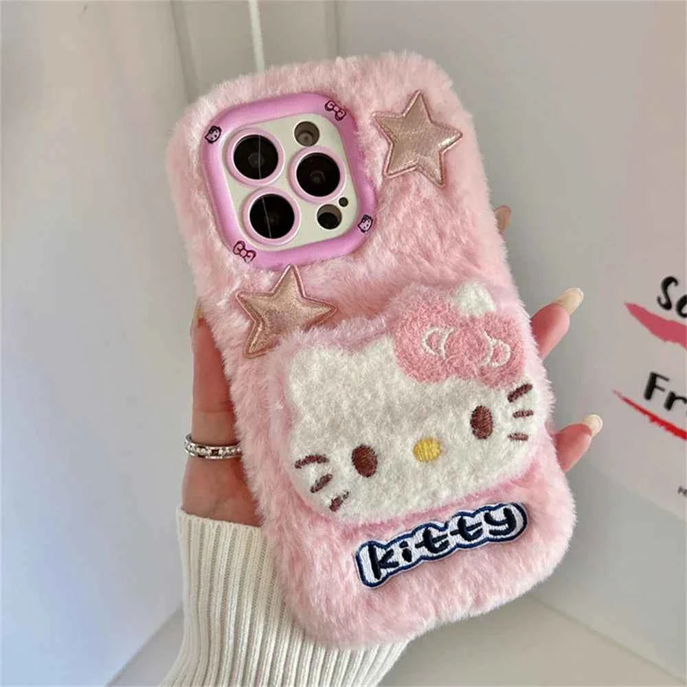 Camera Holder Stand Shockproof Phone Case For iPhone 11 12 13 14 15 16 Pro Max Plus Bumper Cute 3D Fur Fluffy Cover