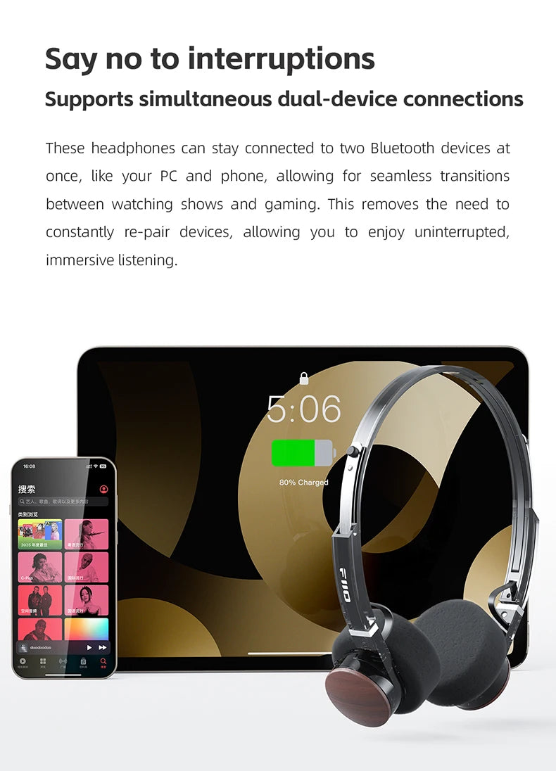 FIIO EH11 On-Ear Bluetooth Headphones, Powerful Bass & LDAC Hi-Res Audio, Lightweight Retro Design, 30H Battery, Dual Device & A