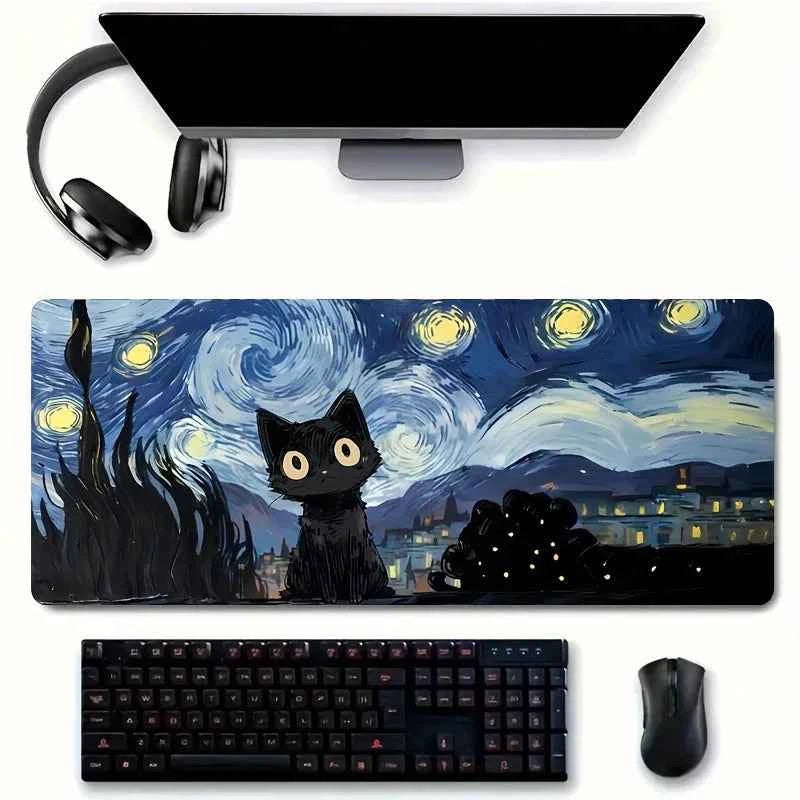 Starry Night mouse pad with cute black cat, study and office use, office accessories, rectangular workstation pad - durable, wat