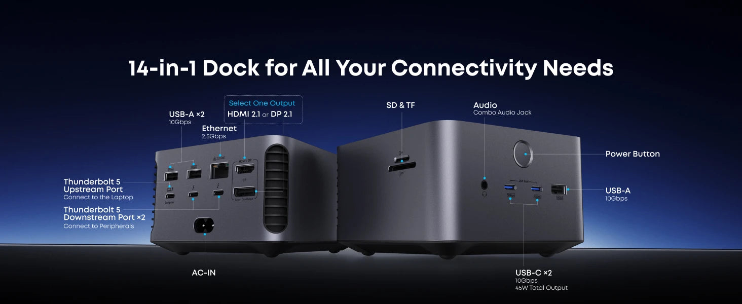 Anker Prime TB5 Docking Station, 14 Ports 140W Charging, 120Gbps Max Transfer, Up To 8K Display For Thunderbolt 5/4 Laptops