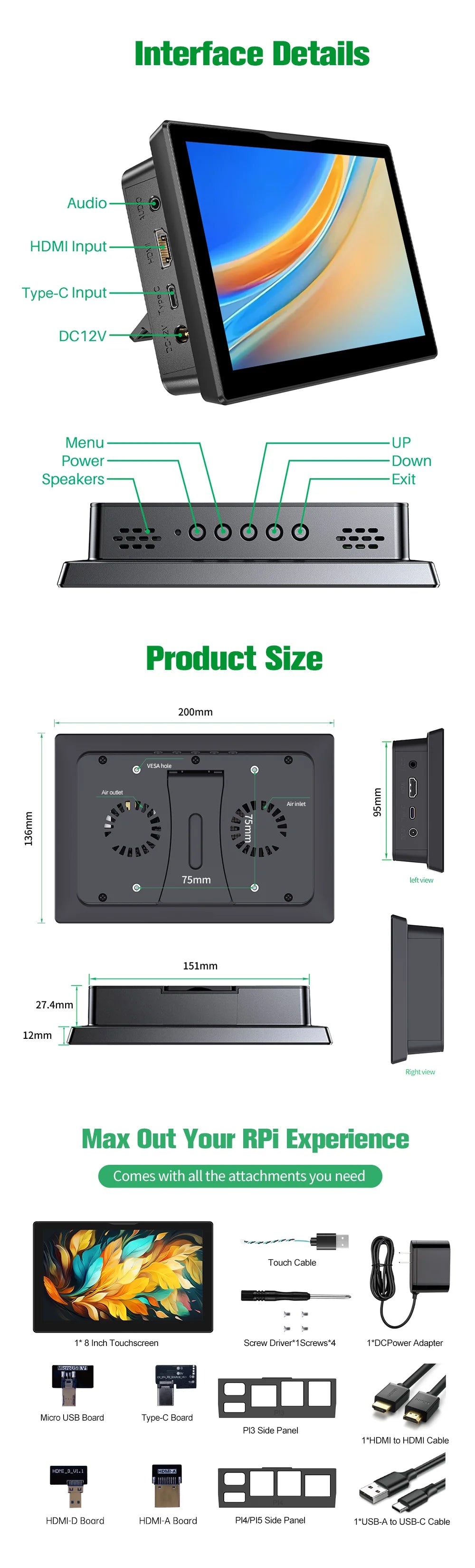 8 inch Raspberry Pi 5 4 Monitor LCD Dispaly 1280x800 16:10 Touch Screen HDMI USB for DIY Pi 4 3 Built in Fans Speaker