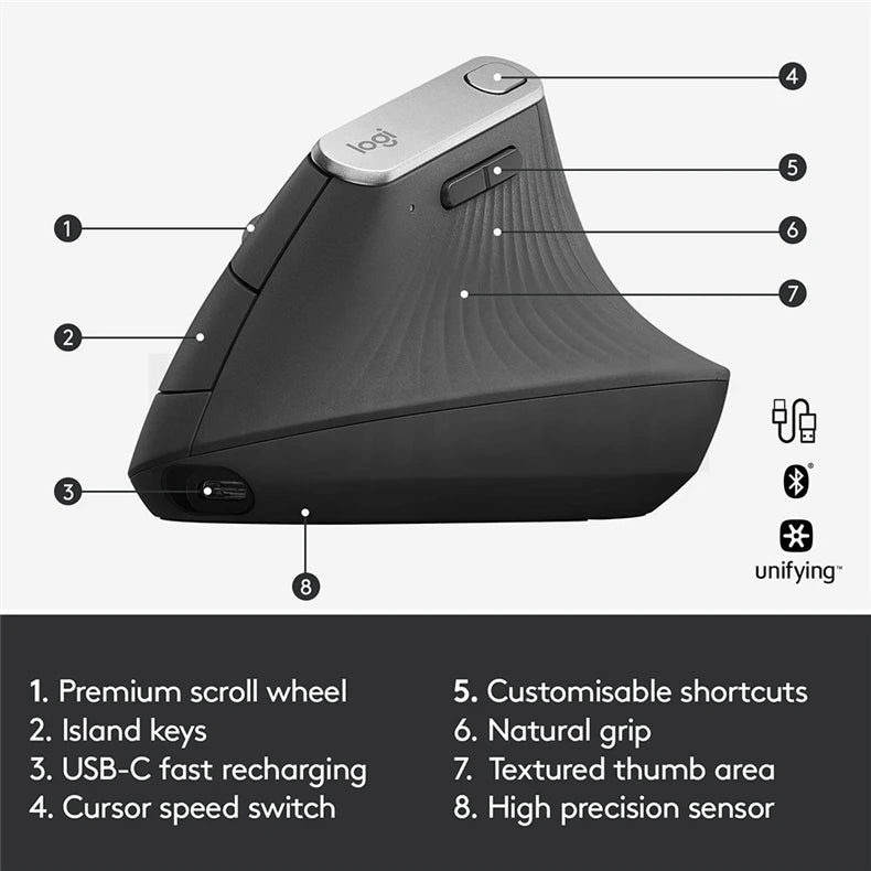 Logitech MX Vertical Wireless Mouse – Ergonomic Design Reduces Muscle Strain, Move Content Between 3 Windows and Apple Computer