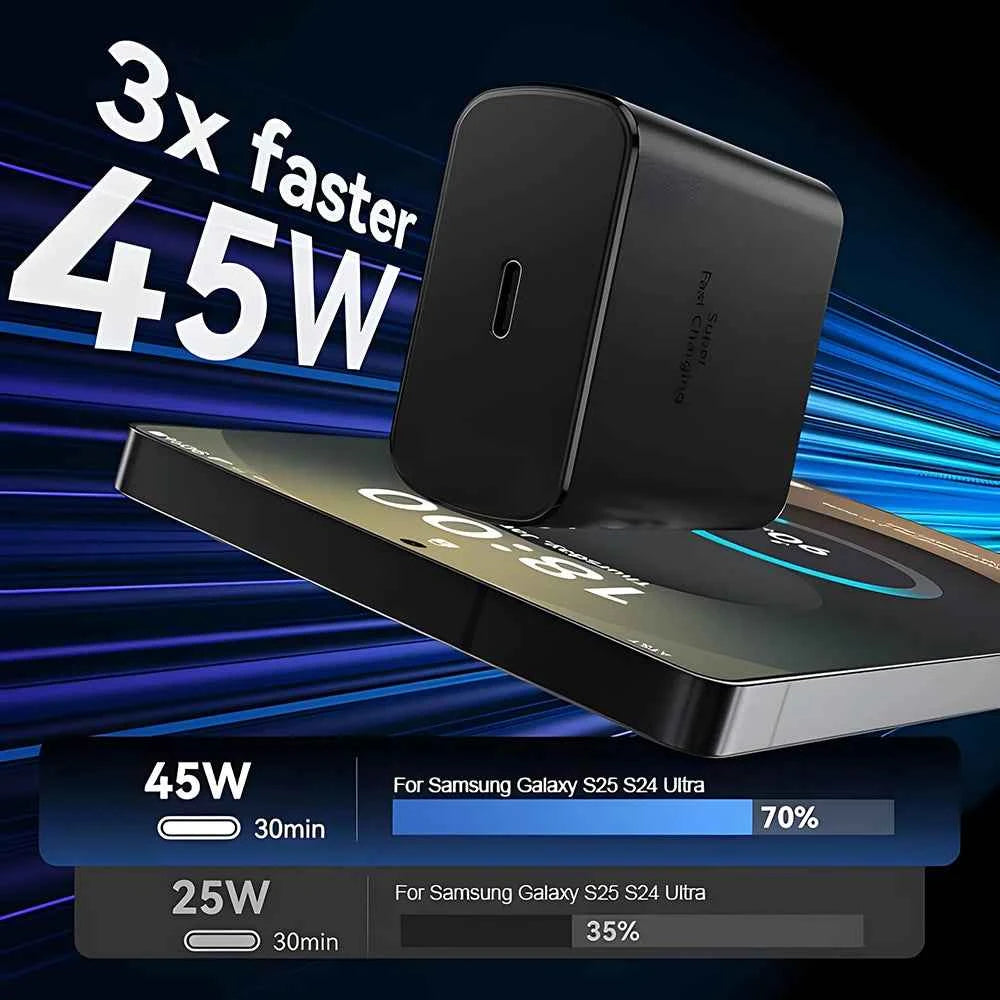 45W Super Fast Charger & USB-C Data Cable - Portable Adapter for Samsung Galaxy S24/S23/S22/S25 Ultra/S21 Plus/Note 20
