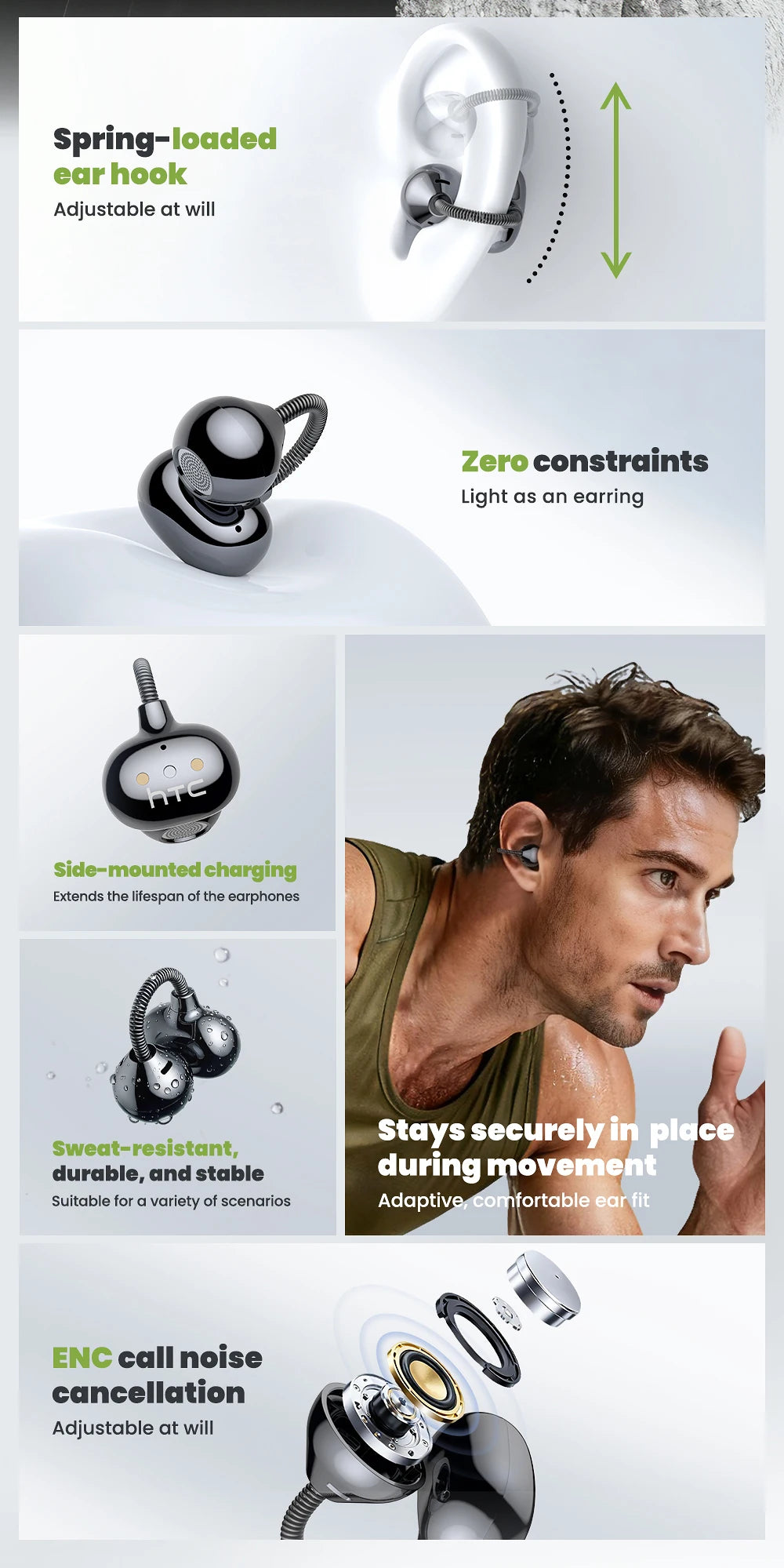 [AI Translator Earbuds] HTC NE67 Bluetooth V6.0 Earphones Portable Wireless headphones Comfort Earclip with a hanging chain