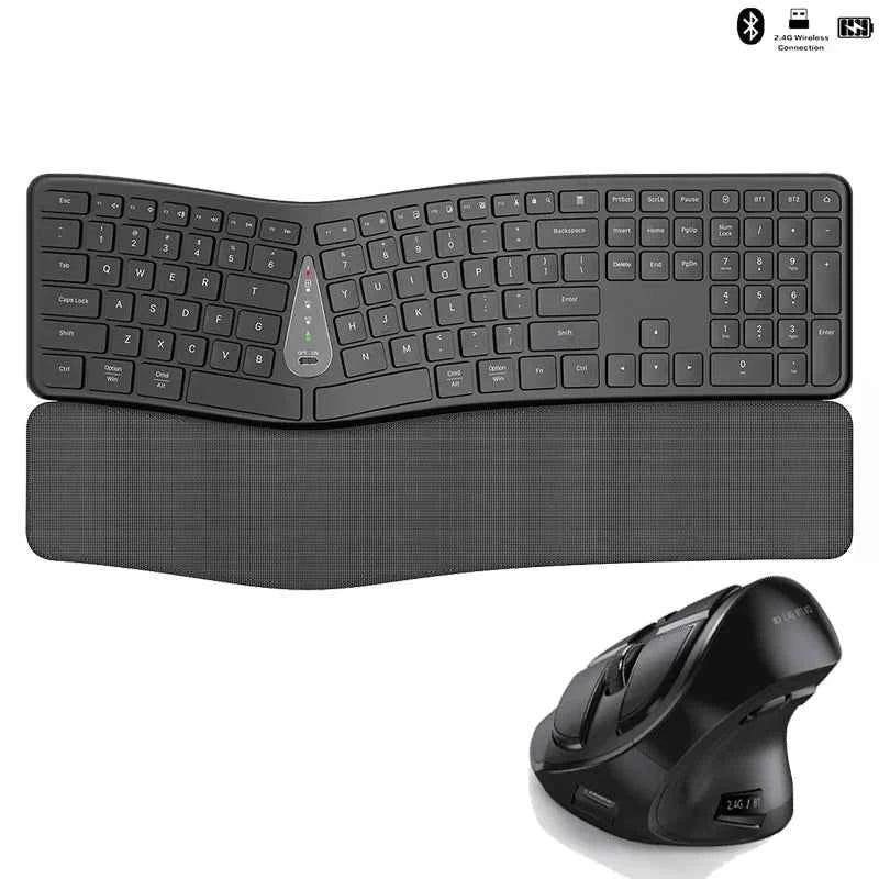 Ergonomic Wireless Silent Split Keyboard Mouse Combo With Wrist Rest BT Dual Mode Wireless Rechargeable Keyboard For Win7/8/10