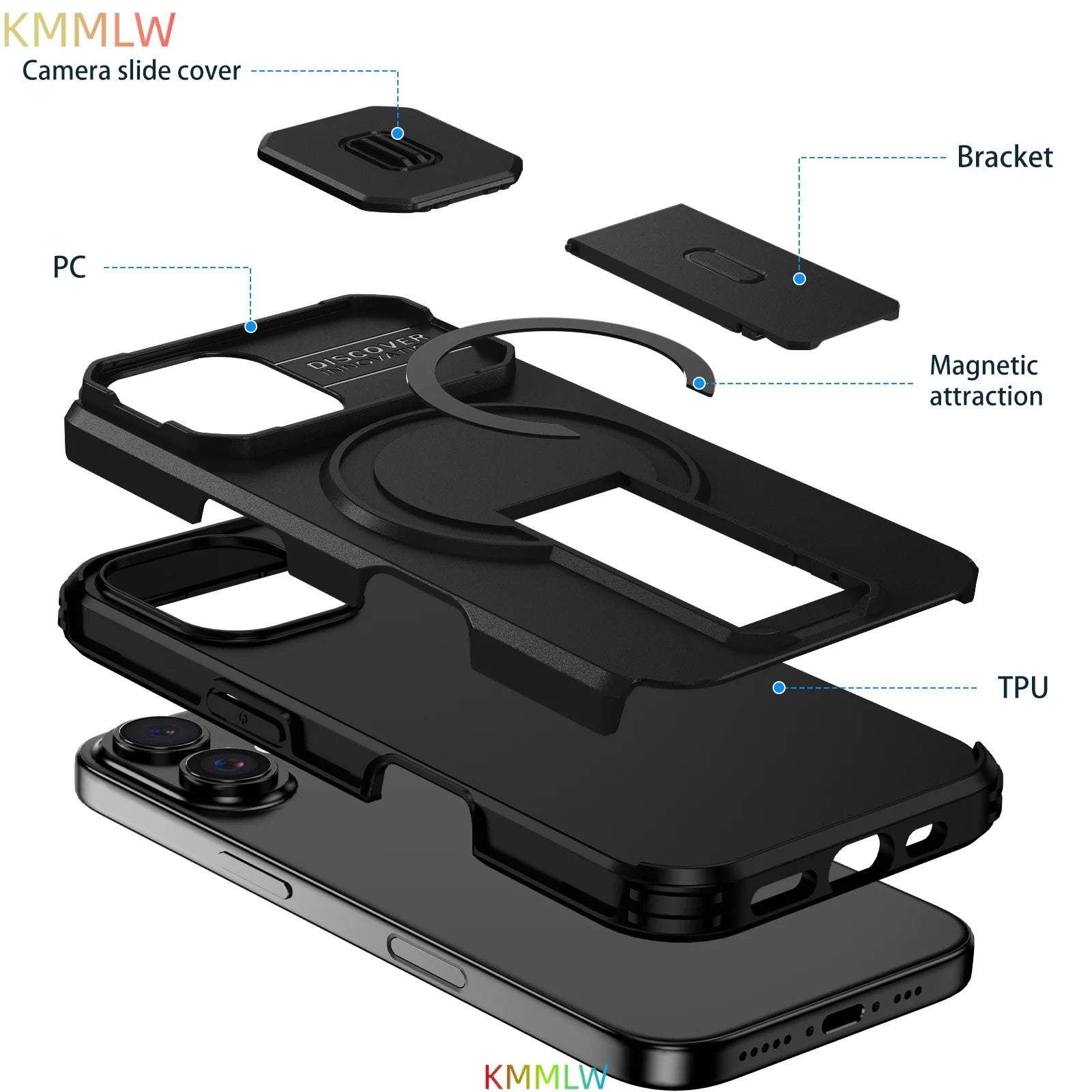 Lens Protect Camera Phone Case for iPhone 16 15 14 13 12 11 Pro Max Plus 16e Magnetic Kickstand Cover
