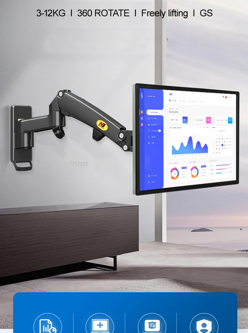 NB F150 Aluminum Gas Spring 3-12kg 100x100 75x75 17'-35' TV Monitor Wall Mount Screen Air Press Wall Bracket Holder Tilt Swivel