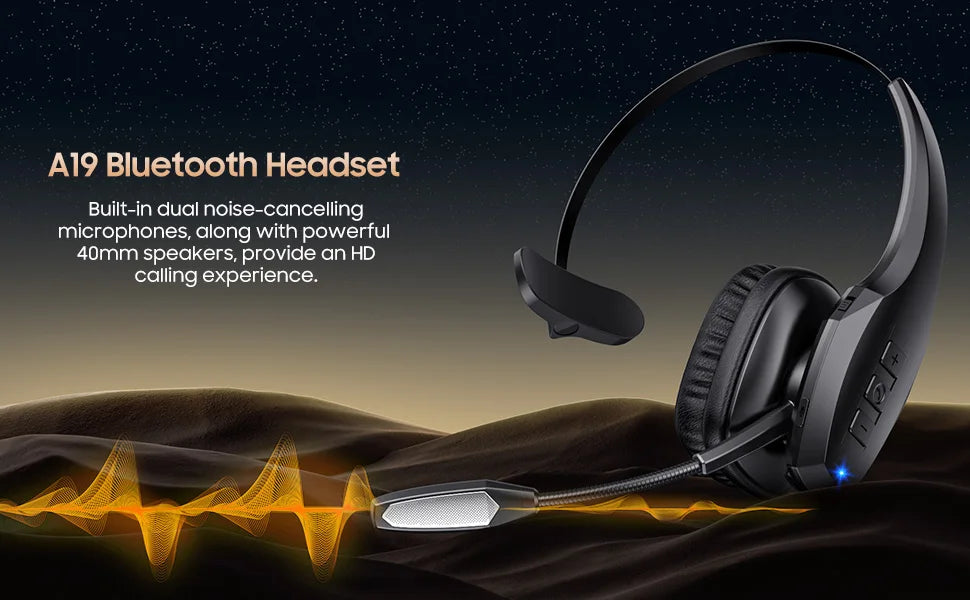 Trucker Bluetooth Headset, Wireless Headset with Mic, Bluetooth Headsets with Dual Noise Cancelling Microphone & Mute Button