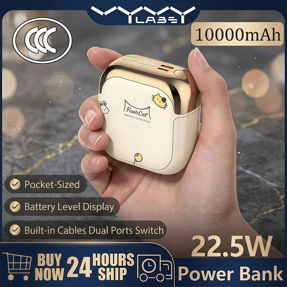 Vyvylabs CCC 10000mAh Mini Cute Power Bank 22.5W PD Fast Charging Switchable Lightning Type-C Cable for iPhone Samsung AirPods
