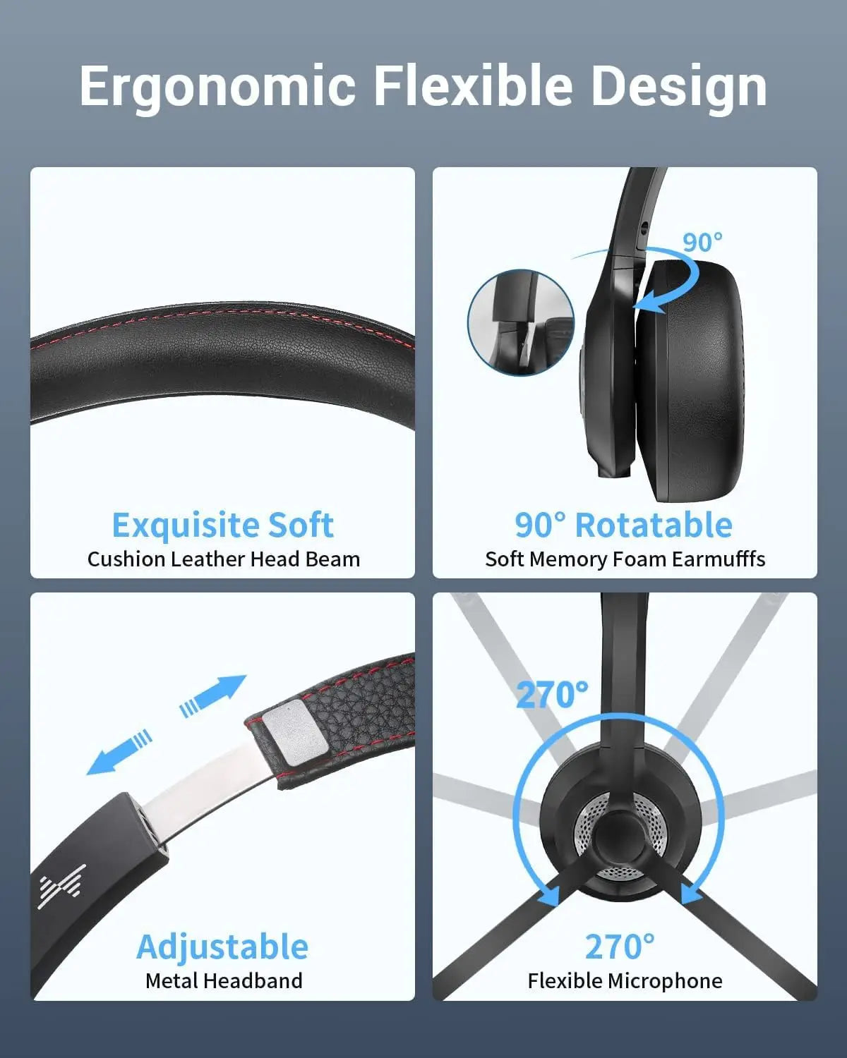 JIAMQISHI EH02P Wireless Headset with AI Noise Cancelling Microphone Headphones Bluetooth V5.2 with USB Dongle,Charging Base