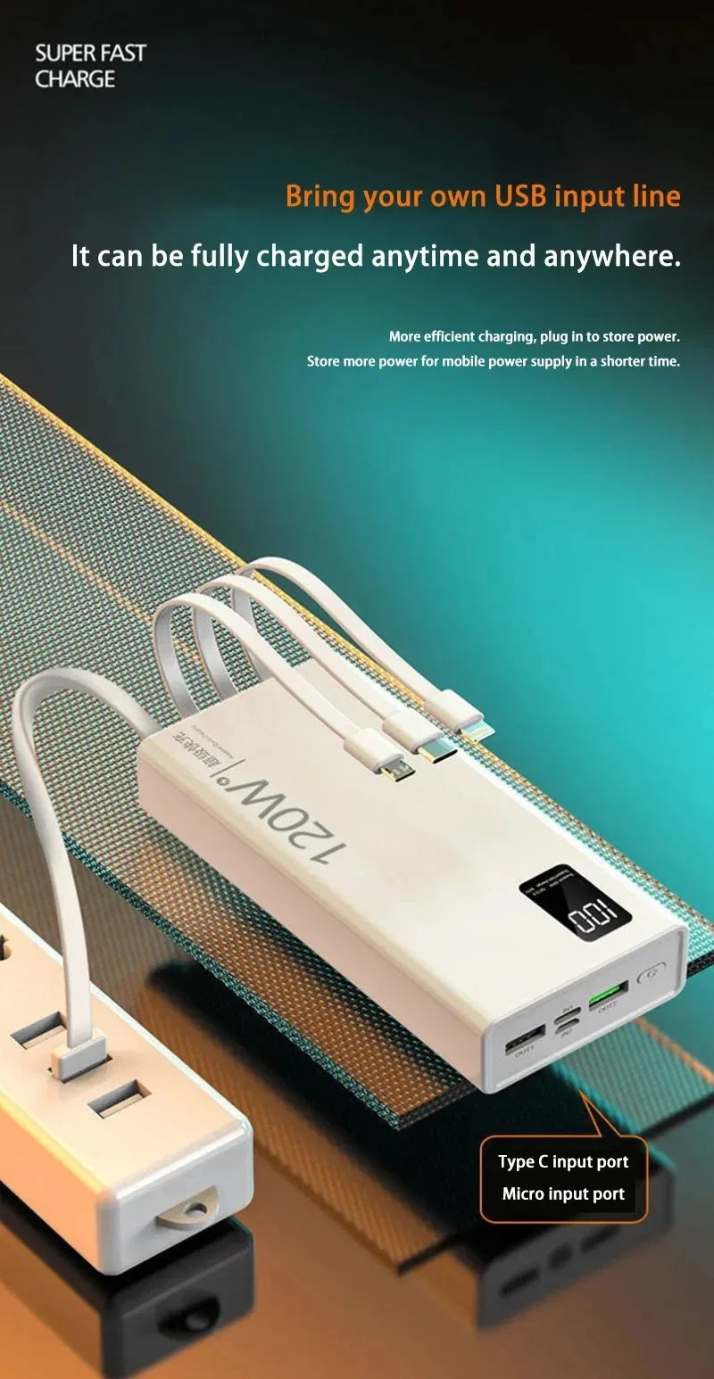 50000mah Power Bank 120W Fast Charging Built-in Cable External Large Battery Portable Charger For iPhone Samsung Xiaomi