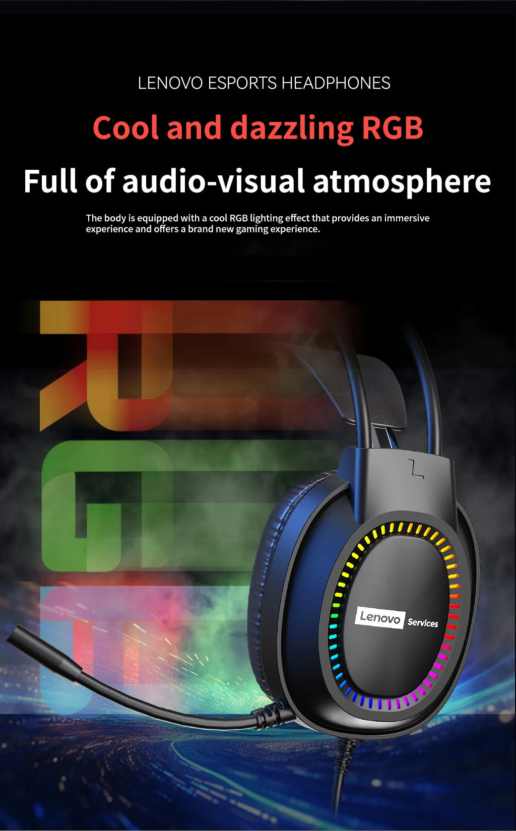 Lenovo Over-Ear Headphones with Microphone, Gaming Headphones, Rgb Lighting, Cool Colorful Lights, Suitable for Desktop and Laptop Computers, Comfortable, Sound-Isolating, and Noise-Cancelling