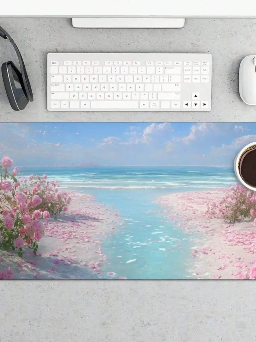 Pink Rose Beach Design Mouse Pad Anti-Slip Rubber Base Washable Gaming Desk Decor