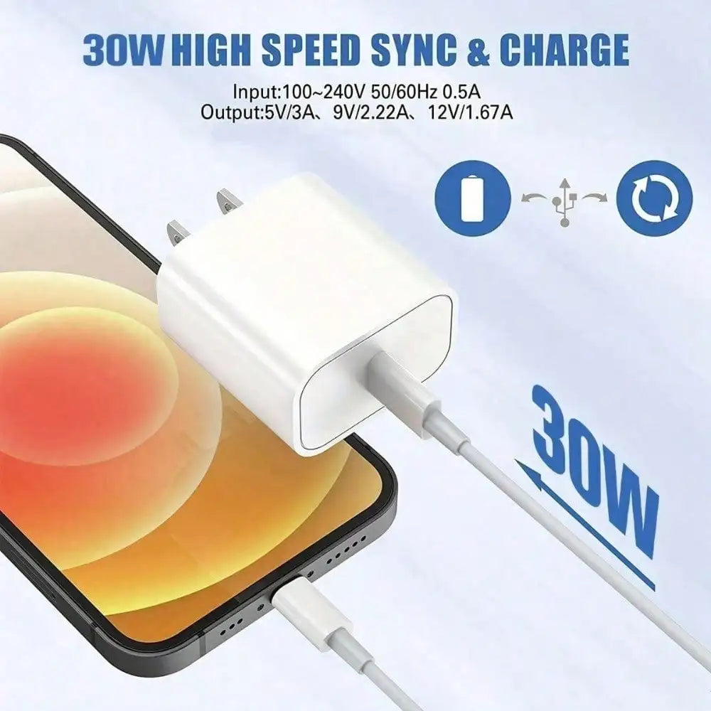 30W Charger Kit 30W Fast Charging Adapter + 3.3ft/100cm High-Efficiency Data Sync Fast Charging Cable Compatible With