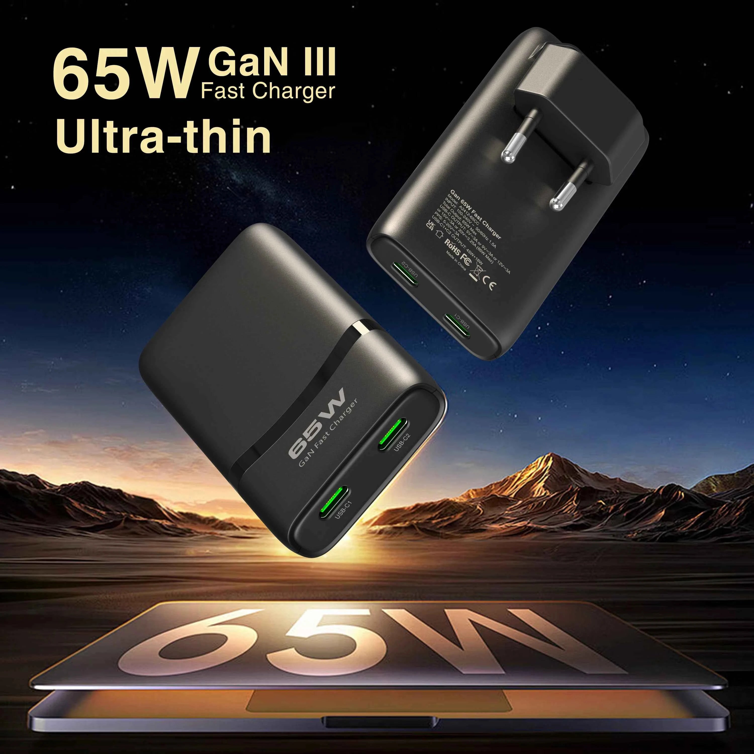 65W Flat GaN USB C Charger Dual-port Fast Wall Charger Compact Power Adapter With Foldable Plug For Mobile Phone