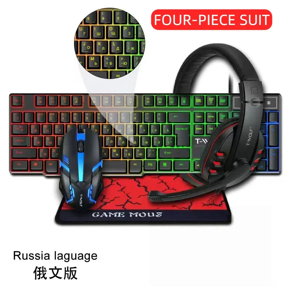 T-WOLF Thunderwolf TF880 Wired Keyboard, Mouse, Headphones and Audio Five-piece E-sports Game Enjoy Super Fast Moving Speed.