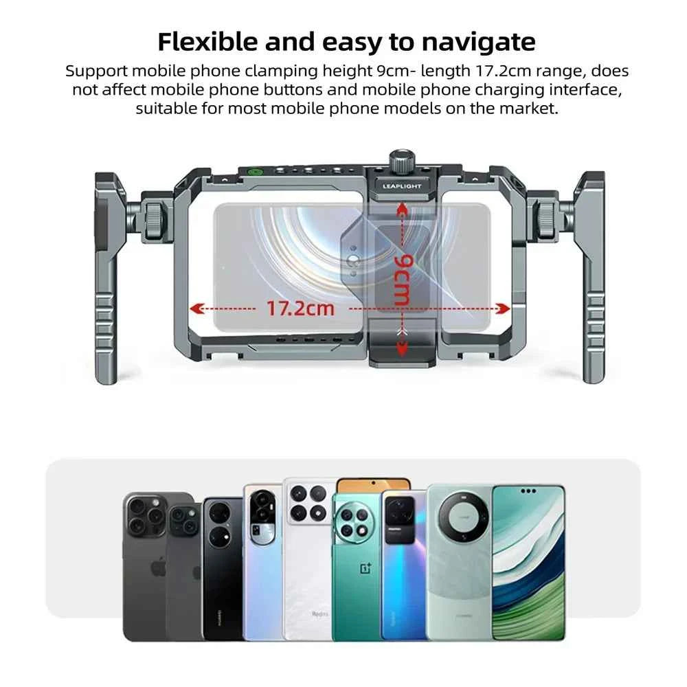 Universal Metal Phone Cage Smart Stabilizer w Handgrip Phone Holder for Iphone 15 14 13 Andriod Mic Led Light Filmmaking Video