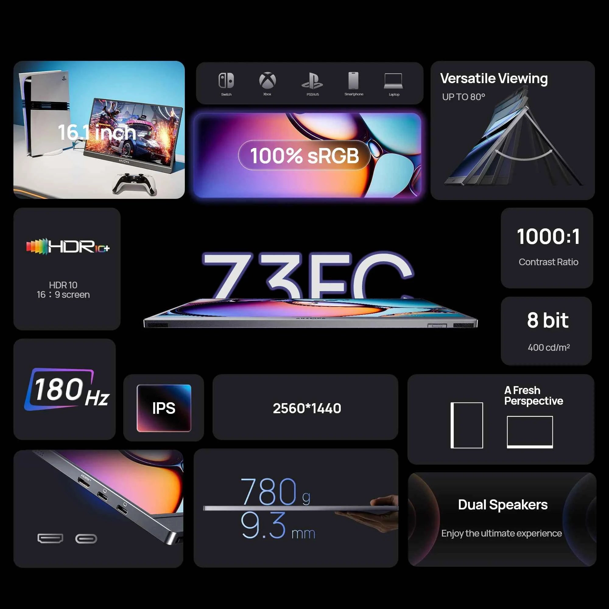 ARZOPA 16.1inch 2.5K 180Hz 100%sRGB Portable Gaming Monitor HDR10 External Second Display Screen Z3FC Grey with Bag