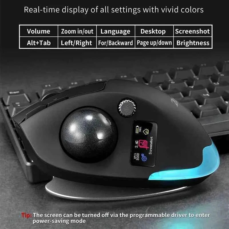 Tri-mode Wireless Trackball Mouse 8 Programmable Buttons Multifunctional Ergonomic Mice RGB Backlit Mouse with Display Screen