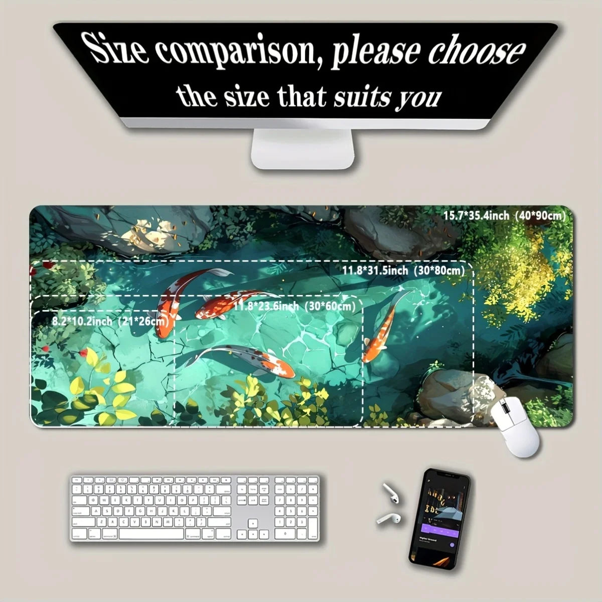 Large Koi Fish Gaming Mouse Pad Non-Slip Rubber Desk Mat Stitched Edge Office Work Esports Gift for Gamers Desk Accessories