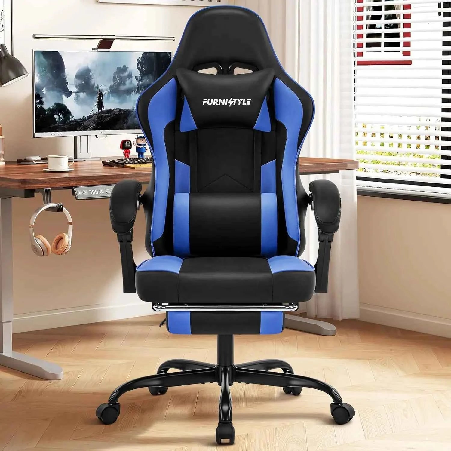 Gaming Chair with Footrest, Reclining Video Game Chairs for Adults with Lumbar Support, Linkage Armrests, Ergonomic Computer