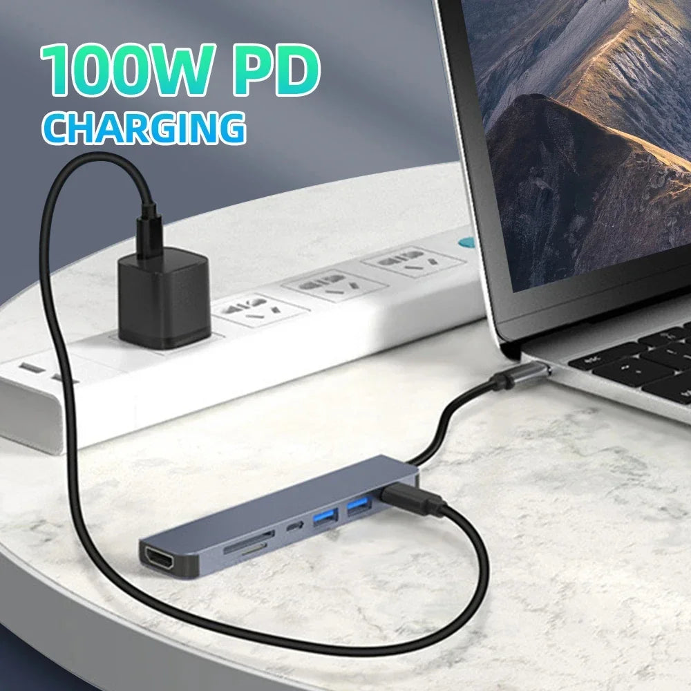 USB C Hub 7 in 1 HDMI 4K Type C Adapter OTG Thunderbolt 3 Dock PD TF SD Macbook iPad XPS Surface Laptop Compatibility