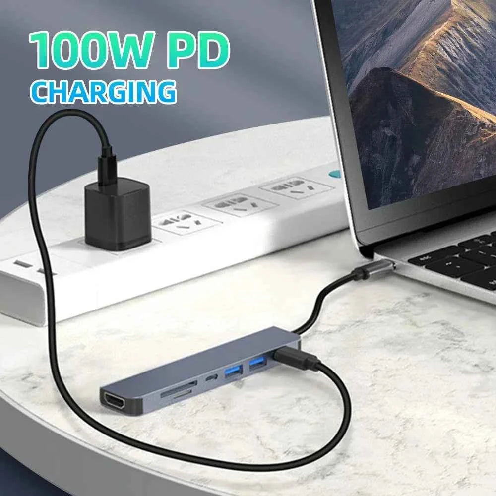 USB C Hub 7 in 1 HDMI 4K Type C Adapter OTG Thunderbolt 3 Dock PD TF SD Macbook iPad XPS Surface Laptop Compatibility