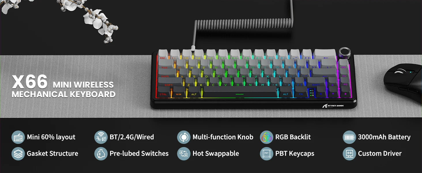 ATTACK SHARK X66 60% Wireless Mechanical Gaming Keyboard with Knob,3-Mode Gasket Hot Swappable Custom Keyboard with Coiled Cable