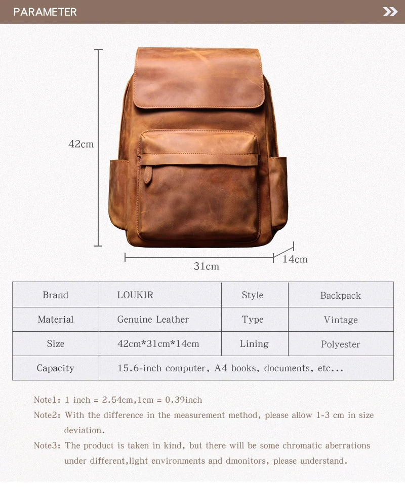 LUOKIR Genuine Leather Laptop Backpack 15 Inch – Vintage Crazy Horse Cowhide Business Travel Backpack for Men, Luxury School Computer Bag