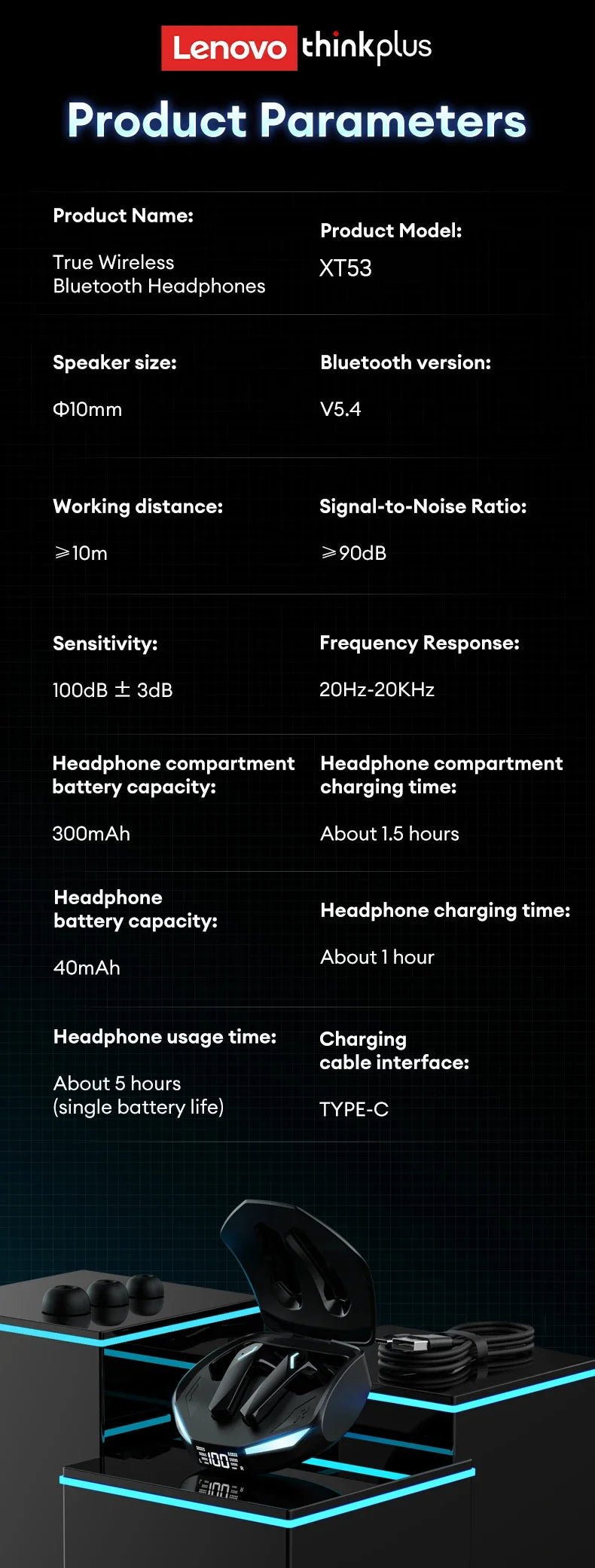 Lenovo XT53 Wireless Bluetooth Earphones TWS Headset Long Endurance HIFI Surround HD Calls Sports Waterproof Gaming Headphones