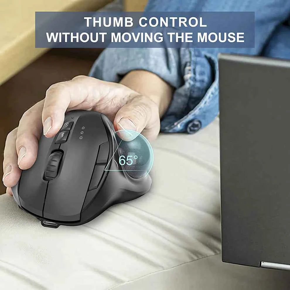Jomaa Black 2.4G + Bluetooth Wireless Trackball Mouse Rechargeable Rollerball Mice Ergonomic Mice Thumb Control Mouse Gaming