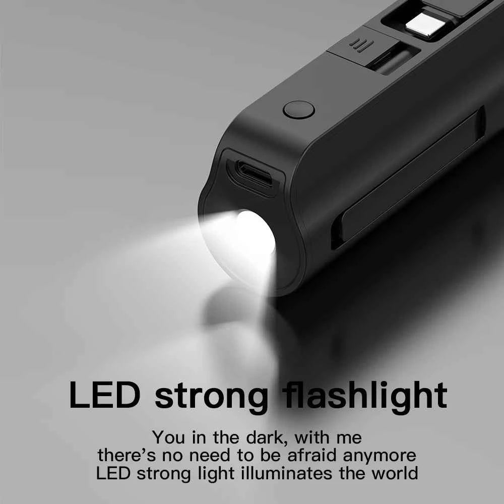 Mini portable 5000mAh power bank with built-in cable charging port, built-in LED lighting lamp, and built-in stand function
