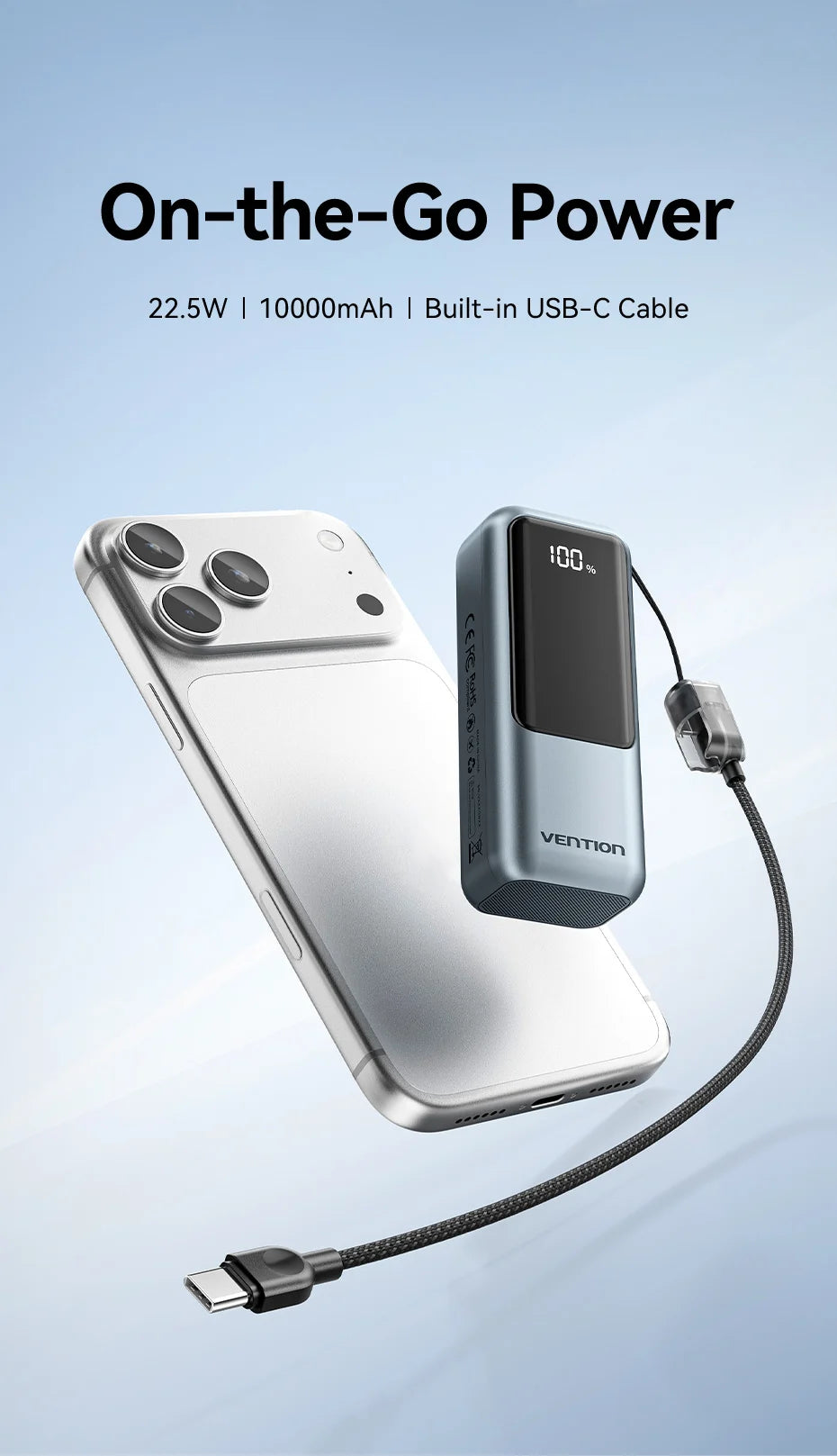 Vention 10000mAh Mini Power Bank 22.5w Portable Charger Built-in USB C Cable PD 3.0 Fast Charging for iPhone 17 Samsung S25 S24