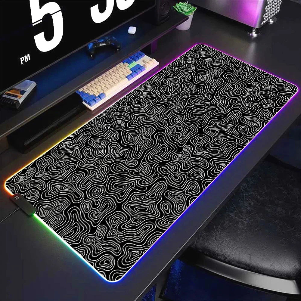 LED Desk Mat Black and White Lines RGB Computer Mouse Pad Gamer Cabinet Luminescence Abstract Mousepad Keyboard Gaming Deskmat