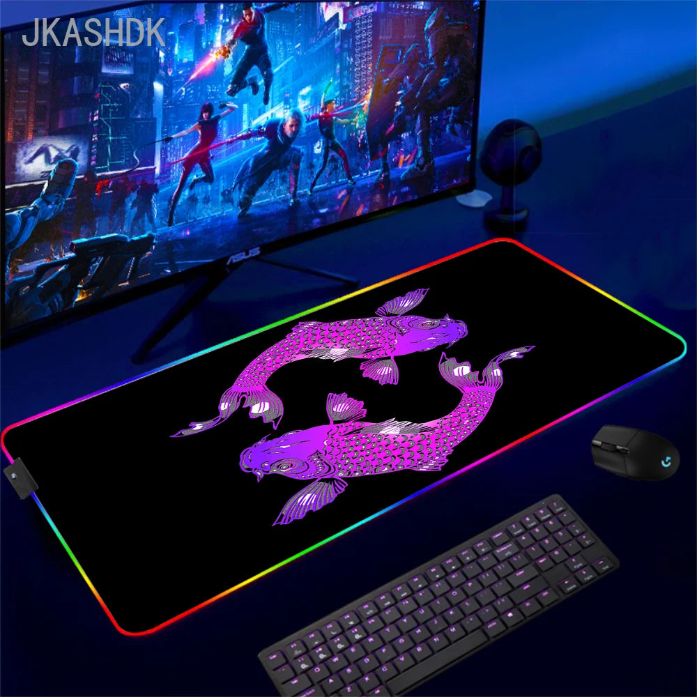 Large RGB Mouse Pad Koi Fish Gaming Mousepad LED Mouse Mat Gamer Mousepads Yin Yang Desk Pads RGB Keyboard Mause Mats XXL 100x50