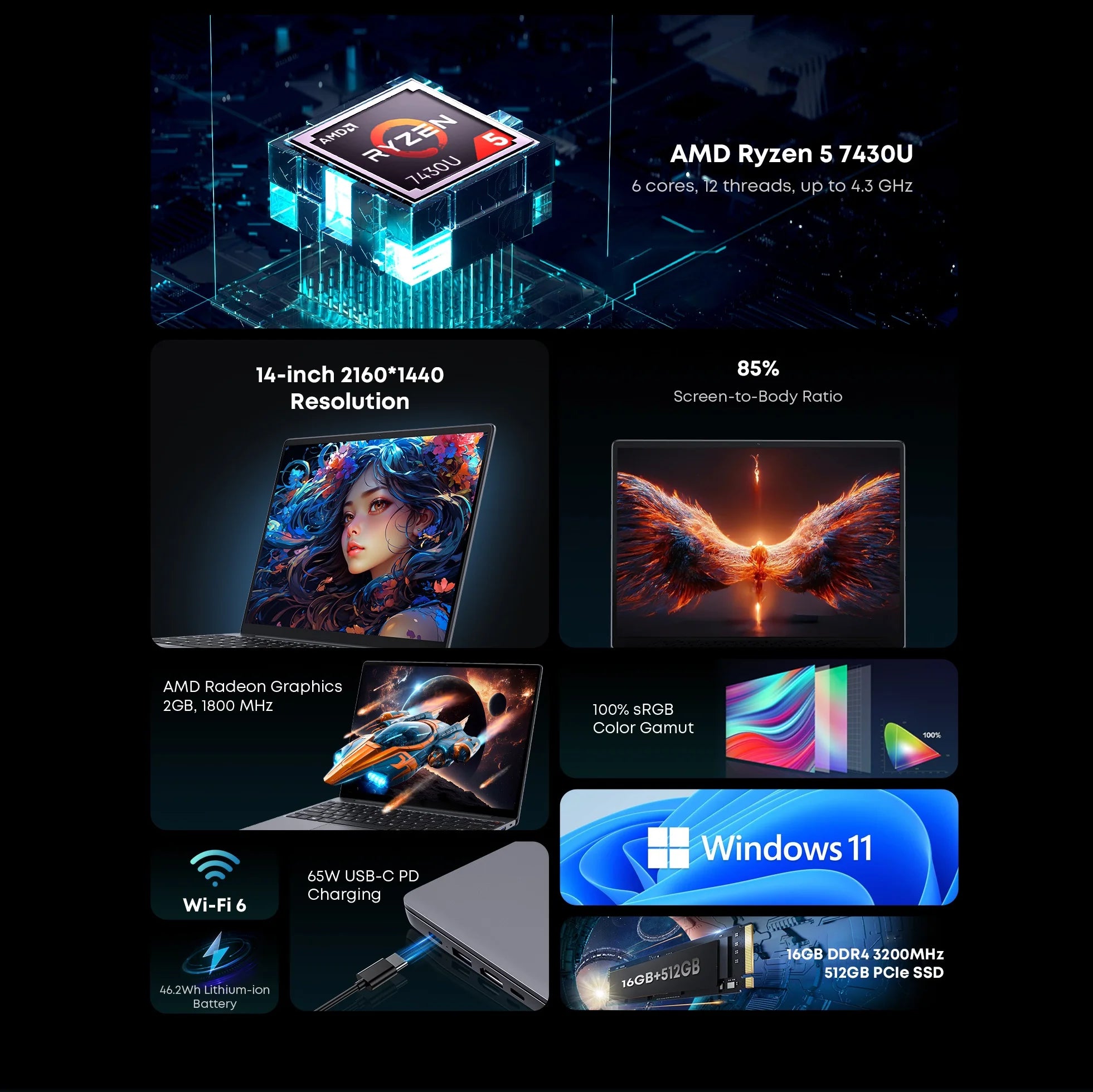 CHUWI Corebook X Laptop, R5-7430U, 14-inch FHD Screen, 16GB RAM, 512GB SSD, WIFI 6, Windows 11 Gaming NoteBook AMD R5 Computer PC - WinSupport Tech